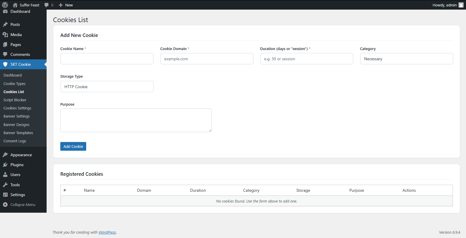 Cookies List - Add New Cookie